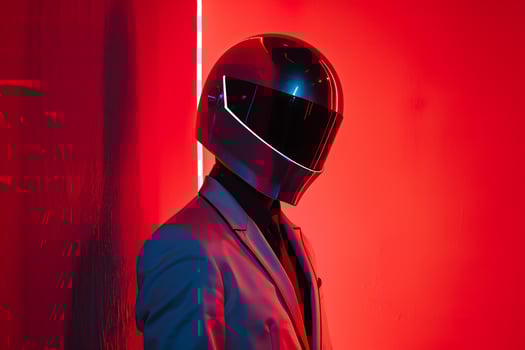 Handsome Fashion Male Model in Silver Helmet with Neon Red Accents Trendy portrait with Urban Background Modern Male Lifestyle photography photo