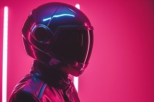 Fashionable Male Model in Silver Helmet with Neon pink Stylish Urban portrait Contemporary Lifestyle photography photo