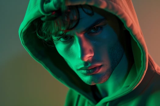 Trendy Male Model in Casual Hoodie with Neon Green Chic Urban portrait Contemporary Lifestyle photography photo