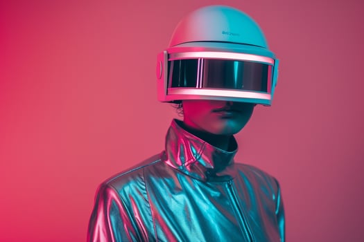 Fashion Male Model in Silver Fashion Helmet with Neon Coral Background Trendy Urban portrait with Chic Neon Coral Vibe photo