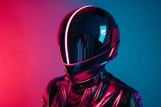 Trendsetting Fashion Male Model in Casual Fashion Helmet with Neon Aqua Background Urban portrait with Chic Neon Aqua Vibe photo