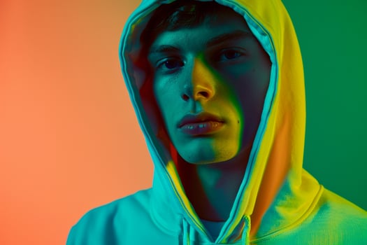 Stylish Fashion Male Model in Casual Hoodie with Neon Green Background Trendsetting Urban portrait Featuring Chic Neon Green Vibe photo