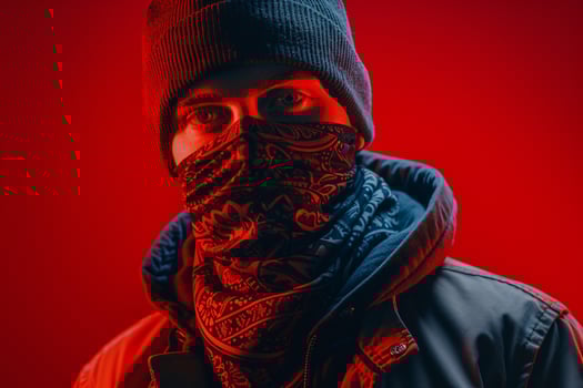 Trendy Fashion Male Model in Luxurious Bandana with Neon Red Modern Males portrait Featuring Chic Neon Red Background photo