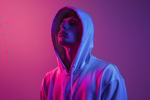 Stylish Fashion Male Model in Silver Hoodie with Neon purple Modern Males portrait Featuring Vibrant Neon purple Background photo