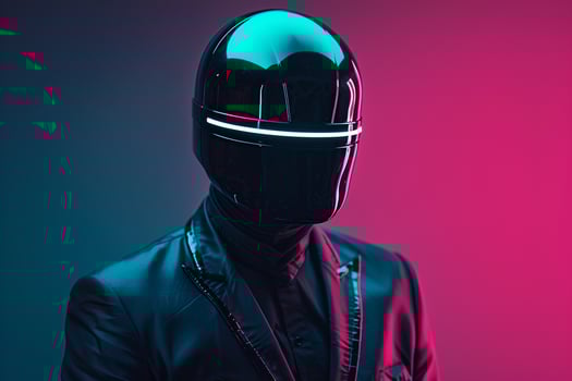 Handsome Male Model in Casual Fashion Helmet with Neon Teal Stylish Males portrait Featuring Trendy Neon Teal Background photo