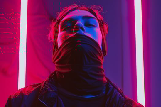 Handsome Fashion Male Model in Matte Black Bandana with Neon Coral Modern portrait Featuring Neon Coral Background photo