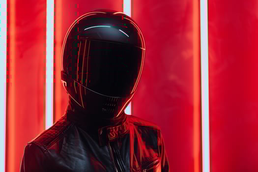 Handsome Fashion Male Model in Matte Black Fashion Helmet with Neon Red Trendy Males portrait Featuring Neon Red Background photo