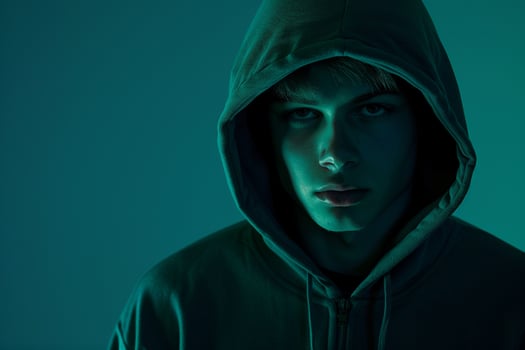 Handsome Fashion Male Model in Dark Green Hoodie with Neon Teal Modern Males portrait Featuring Chic Neon Teal Background photo