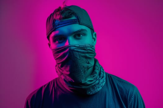 Handsome Fashion Male Model in Dark Green Bandana with Neon pink Trendy Males portrait Featuring Neon pink Background photo
