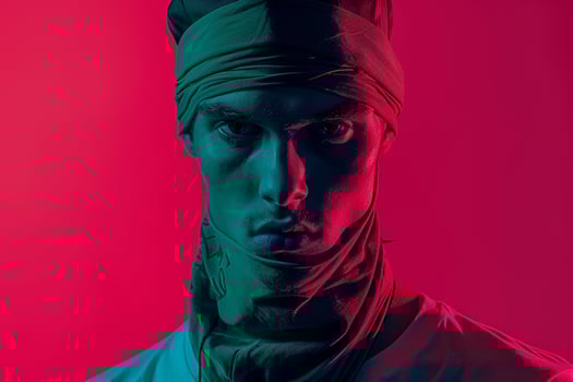 Handsome Fashion Male Model in Dark Green Bandana with Neon pink Modern Males portrait Featuring Chic Neon pink Background photo