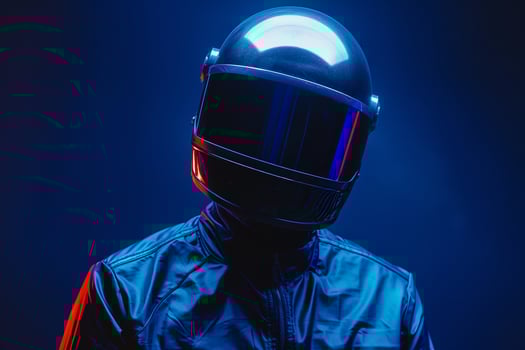 Stylish Fashion Male Model in Dark Grey Fashion Helmet with Neon Blue Trendy Males portrait Featuring Chic Neon Blue Background photo