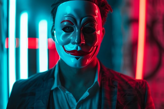 Trendy Fashion Male Model in Gray Face Mask with Neon Aqua Stylish Males portrait Featuring Vibrant Neon Aqua Background photo