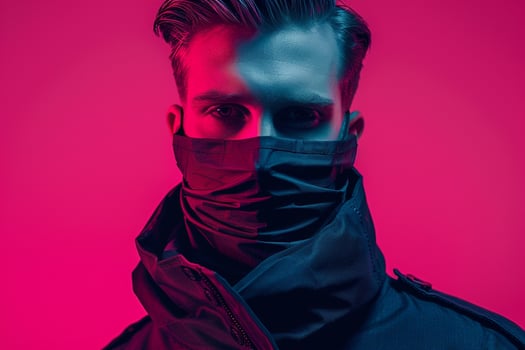 Charcoal Gray Face Mask Male Model with Neon pink Background Chic and Trendy Lifestyle portrait for Modern Fashion photo
