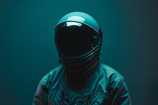 Dark Grey Fashion Helmet Male Model with Neon Teal Background Trendy Lifestyle portrait for Urban and Casual Fashion photo