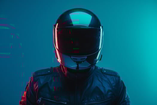Dark Grey Fashion Helmet Fashion Male Model with Neon Teal Background Stylish Lifestyle portrait for Trendy Urban Looks photo