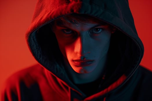 Dark Grey Hoodie Fashion Male Model with Neon Coral Background Trendy Lifestyle portrait for Chic Urban Fashion photo