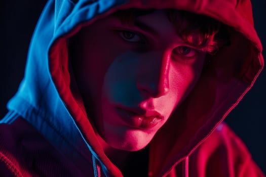 Trendy Fashion Male Model in Dark Red Hoodie with Neon Blue Background Modern Lifestyle portrait Highlighting Males Fashion photo