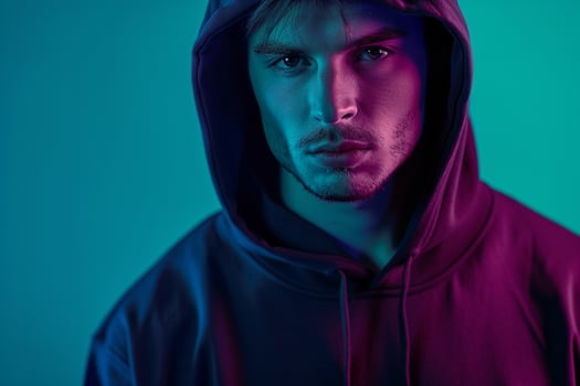 Trendy Fashion Male Model in Dark purple Hoodie with Neon Teal Background Stylish Lifestyle portrait for Males Fashion photo