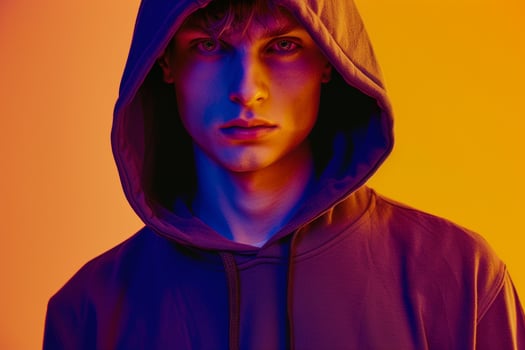 Trendy Fashion Male Model in Dark purple Hoodie with Neon Yellow Background Stylish Lifestyle portrait for Contemporary Males Fashion photo