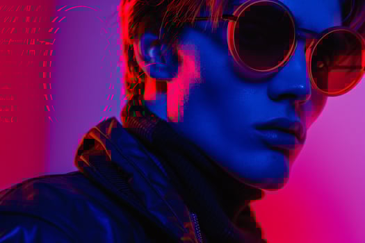 Trendy Fashion Male Model in Black and Red eyewear with Neon purple Background Stylish Lifestyle portrait for Modern Males Fashion photo
