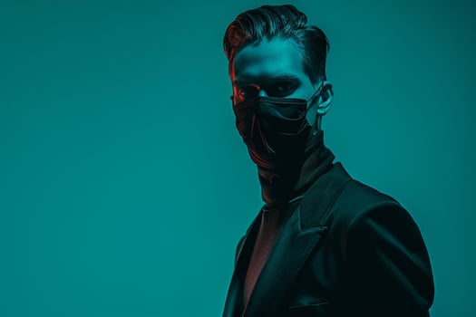 Handsome Fashion Male Model in Black Face Mask with Neon Teal Background Stylish Lifestyle portrait for Modern Males Fashion photo