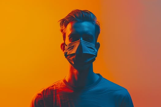 Fashion Male Model in Gray Face Mask with Neon Yellow Background Chic Lifestyle portrait for Modern Males Fashion photo