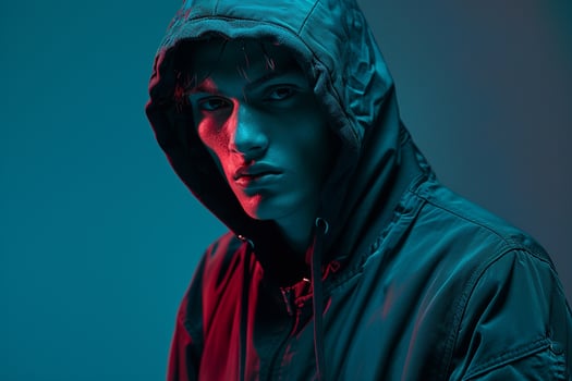 Fashion Male Model in Matte Black Hoodie with Neon Aqua Background Chic Lifestyle portrait for Contemporary Males Fashion photo