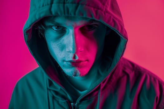 Trendy Fashion Male Model in Dark Green Hoodie with Neon pink Background Stylish Lifestyle portrait for Contemporary Males Fashion photo