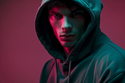 Trendy Fashion Male Model in Dark Green Hoodie with Neon pink Background Chic Lifestyle portrait for Contemporary Males Fashion photo