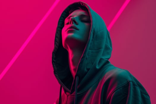 Fashion Male Model in Dark Green Hoodie with Neon pink Background Trendy Lifestyle portrait for Males Fashion photo