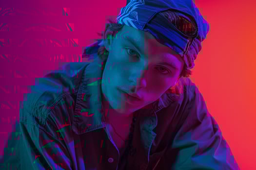 Fashion Male Model in Dark purple Bandana with Neon Aqua Background Chic Lifestyle portrait for Modern Males Fashion photo