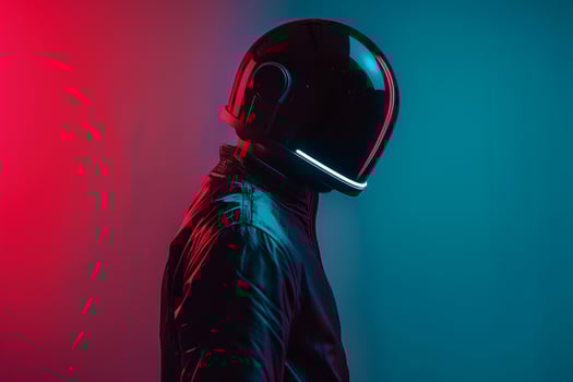Trendy Fashion Male Model in Matte Black Fashion Helmet with Neon Teal Background Chic Lifestyle portrait for Modern Males Fashion photo