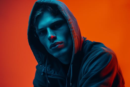 Fashion Male Model in Dark Blue Hoodie with Neon Orange Background Stylish Lifestyle portrait for Modern Males Fashion photo