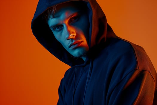 Fashion Male Model in Dark Blue Hoodie with Neon Orange Background Stylish Lifestyle portrait for Contemporary Males Fashion photo