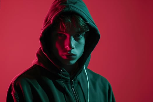 Handsome Fashion Male Model in Dark Green Hoodie with Neon pink Background Chic Lifestyle portrait for Trendy Males Fashion photo