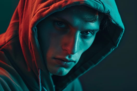 Trendy Fashion Male Model in Dark Green Hoodie with Neon Teal Background Chic Lifestyle portrait for Contemporary Males Fashion photo