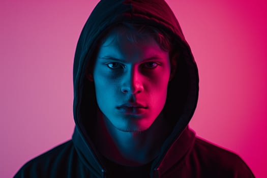 Stylish Fashion Male Model in Matte Black Hoodie with Neon pink Background Chic Lifestyle portrait for Contemporary Males Fashion photo