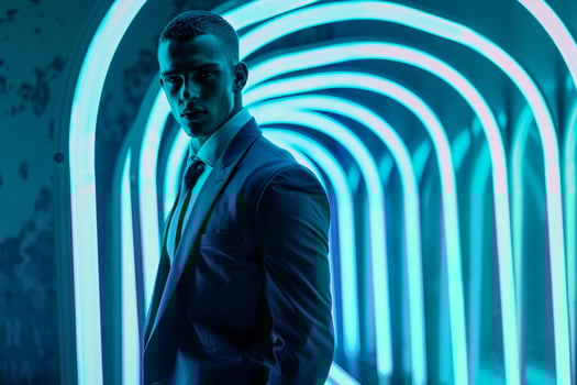 Fashion Male Model in Navy Suit with Neon Teal Background Stylish Lifestyle portrait for Modern Males Fashion photo