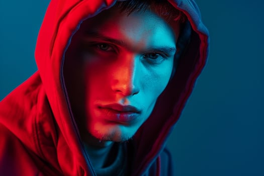 Handsome Fashion Male Model in Dark Red Hoodie with Neon Blue Background Chic Lifestyle portrait for Males Fashion photo
