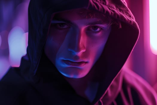 Handsome Fashion Male Model in Matte Black Hoodie with Neon purple Background Contemporary Lifestyle portrait for Males Fashion photo