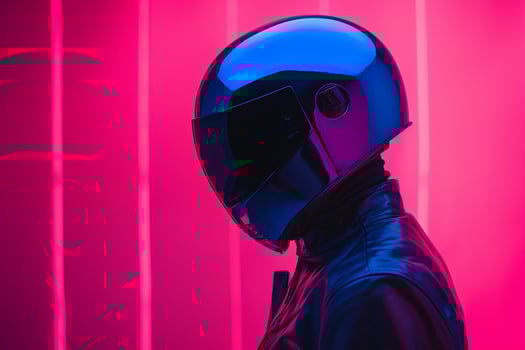 Trendy Fashion Male Model in Dark Blue Fashion Helmet with Neon pink Background Modern Lifestyle portrait for Males Fashion photo