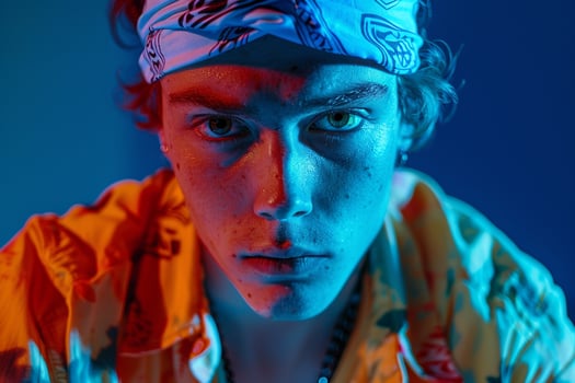 Trendy Handsome Fashion Male Model in Neon Blue Bandana with Neon Coral Details posing Against a Chic Neon Lifestyle Background Stylish Males portrait photo