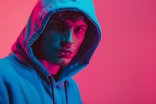 Stylish Handsome Fashion Male Model in Neon Blue Hoodie with Neon pink Details posing Against a Chic Urban Lifestyle Background Trendy Males portrait photo