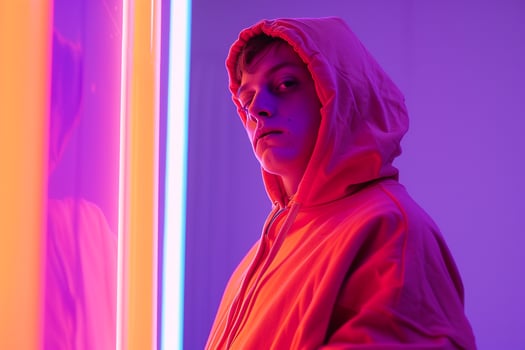 Trendy Handsome Male Model in Neon Orange Hoodie with Neon purple Details Set Against a Chic Lifestyle Background Fashionable Males portrait photo