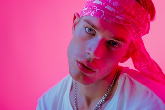 Stylish Male Model in Neon pink Bandana with Neon Red Details Bold Lifestyle Background photo