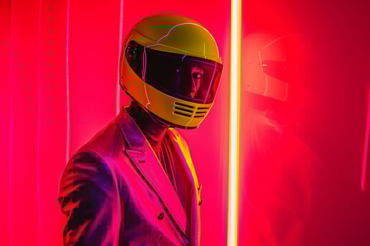 Fashionable Male Model in Neon Yellow Fashion Helmet with Neon Red Background Chic and Bold Urban Fashion portrait photo