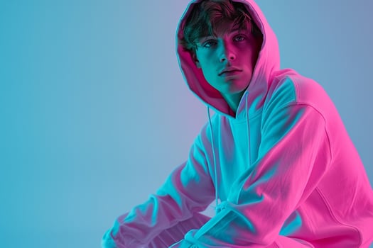 Trendy Male Model in Neon pink Hoodie with Neon Teal Background energetic Urban portrait Featuring Contemporary Style photo