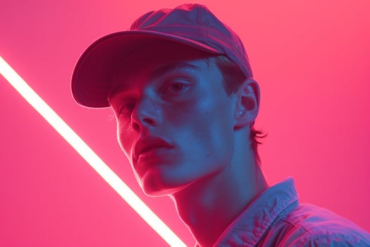 Handsome Fashion Male Model Wearing Charcoal Cap with Neon pink Accent Lifestyle Males portrait with Stylish Appearance and Trendy Background photo