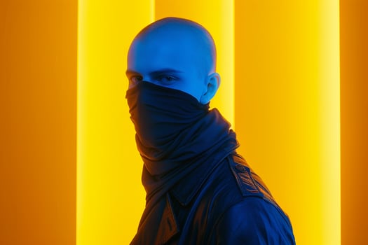 Handsome Fashion Male Model in Sky Blue Face Mask with Neon Yellow Males portrait Showcasing Stylish and Chic Fashion Look Against a Trendy Background photo