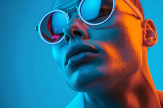 Outfit eyewear with Neon Blue Handsome Males portrait with Stylish Appearance and Chic Background photo